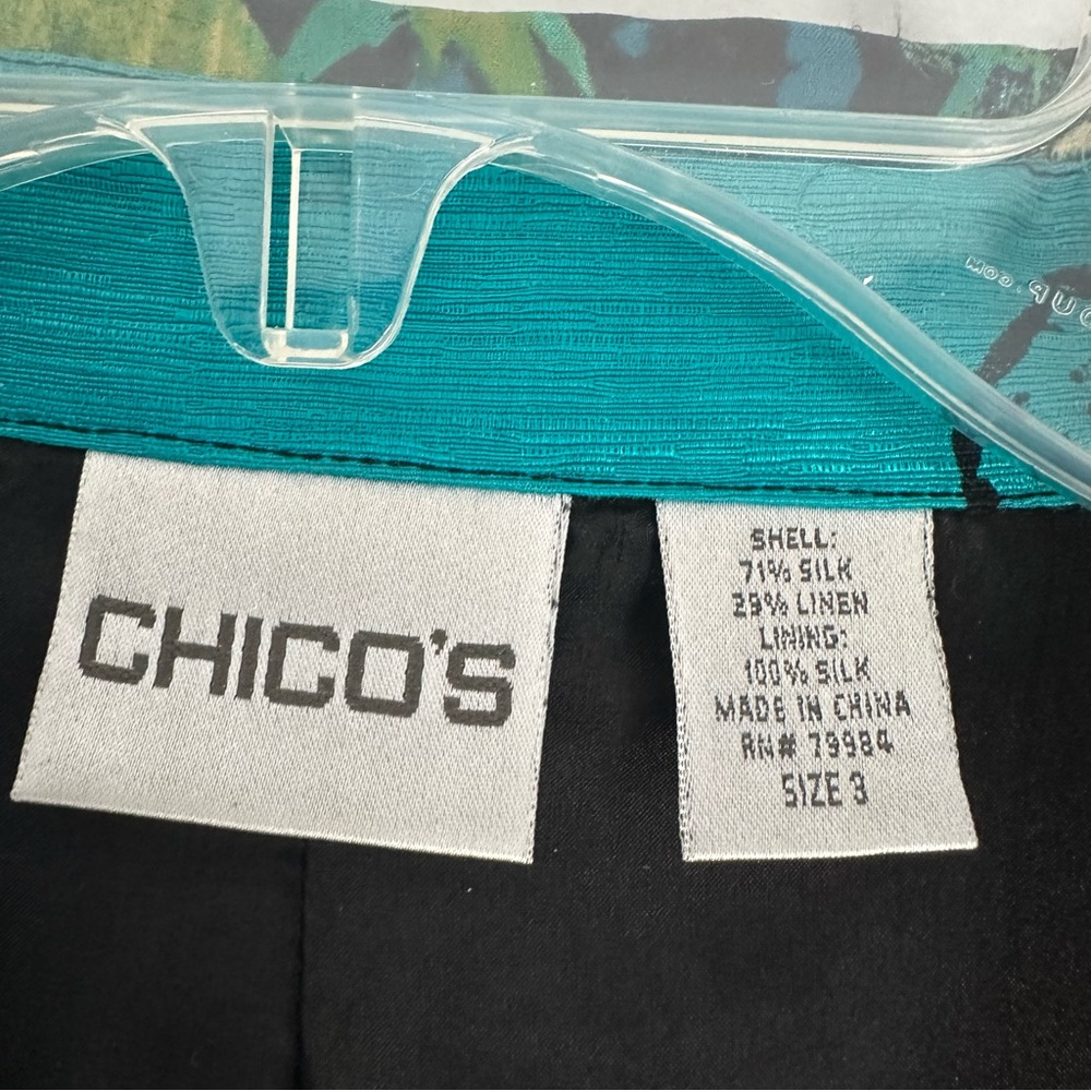 Chico's silk linen blend Asian inspired patchwork button down jacket blue green - Picture 5 of 6